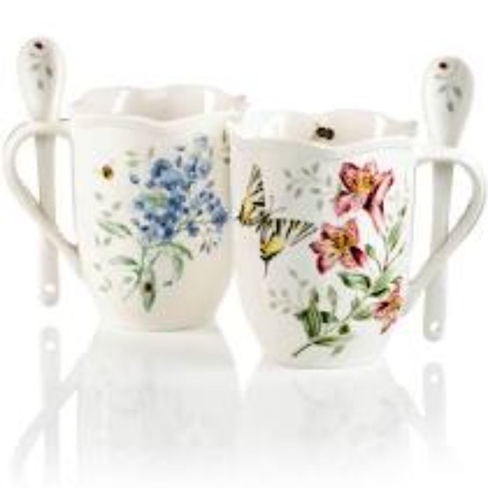 Lenox New Butterfly Meadows Cocoa Mugs w/Spoons - 2 Cottage Core New